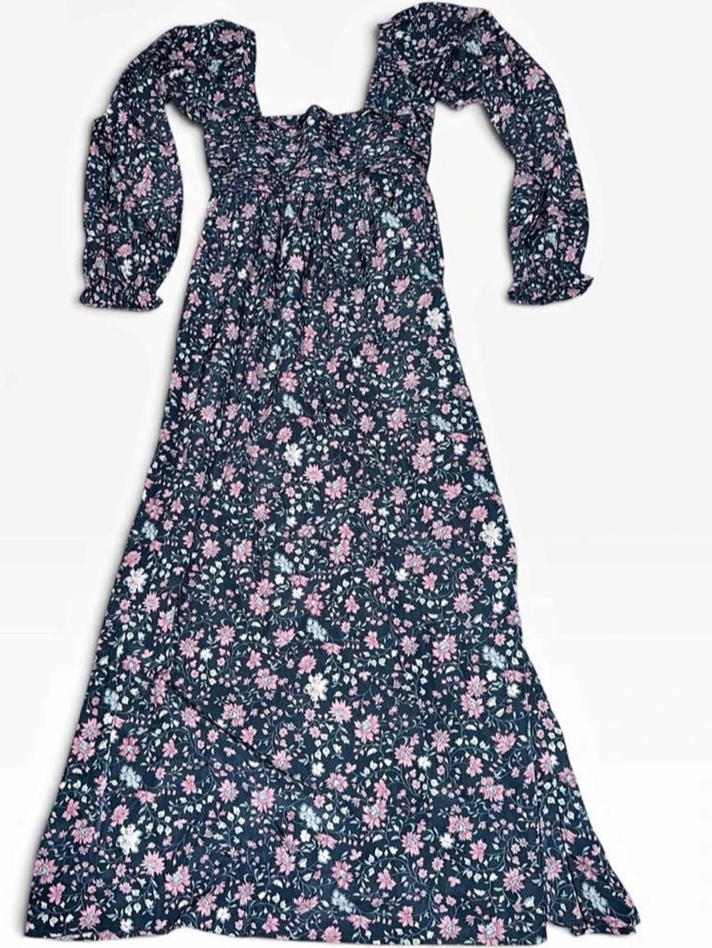 elloh Floral Smocked Tiered Midi Dress Blue & Pink Small